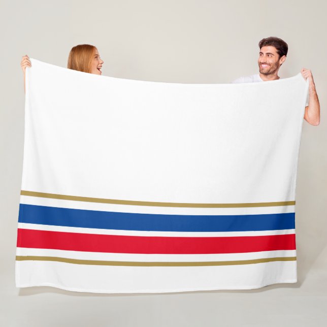 Fun Red Blue Bottom Edge Racing Stripes On White Fleece Blanket (In Situ)
