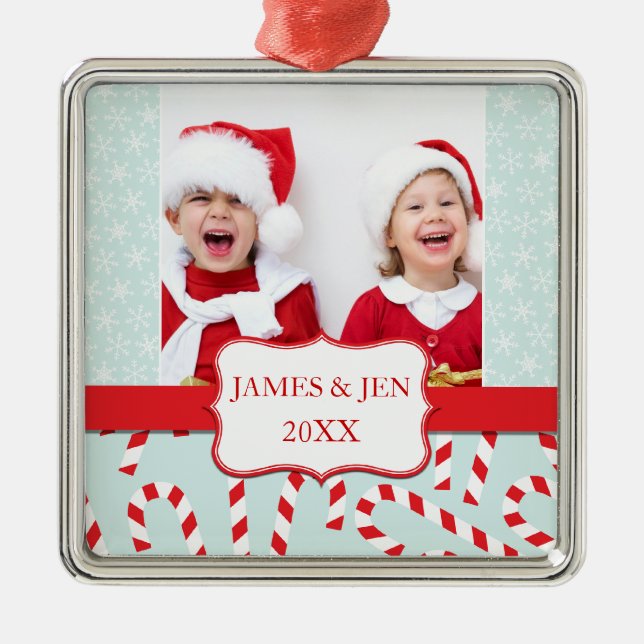 FUN RED BLUE MERRY CHRISTMAS PHOTO ORNAMENT (Front)