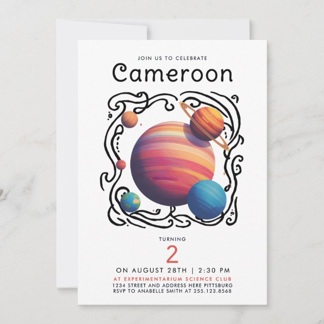 Fun Red Blue Planets Moon Galaxy Outer Space Draw Invitation (Front)