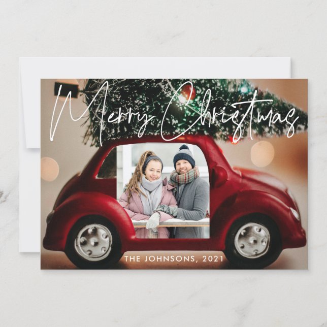 Fun Red Car Merry Christmas Photo Card (Front)