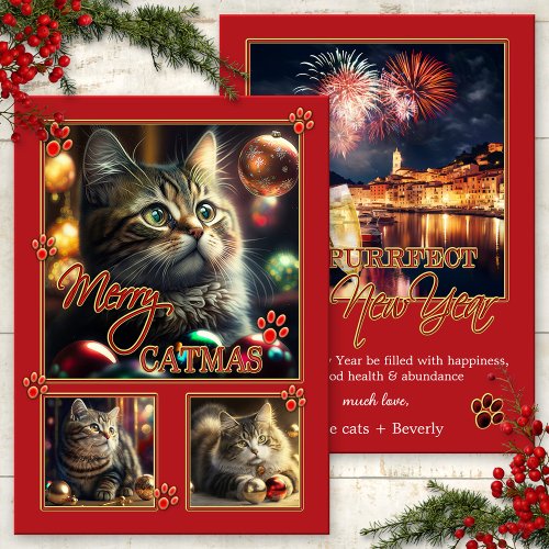 Fun Red Cat Photo Christmas New Year Card