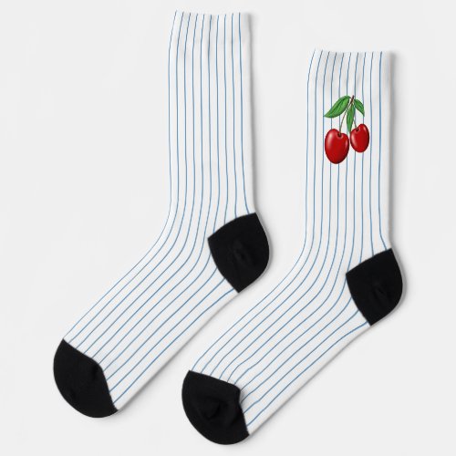 Fun Red Cherries on Blue Stripes  Socks