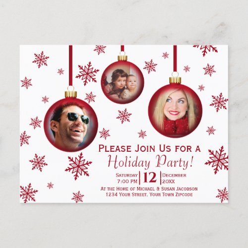 Fun Red Christmas Baubles 3 Photo Holiday Party Invitation Postcard