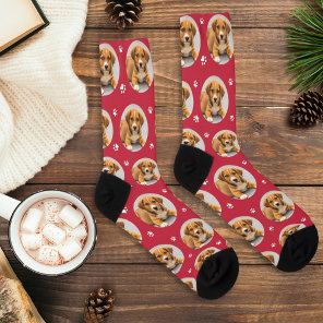 Fun Red Custom Dog Photo Paw Print Socks