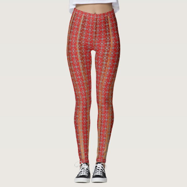 Fun Red Geometric Striped Pattern Leggings (Front)