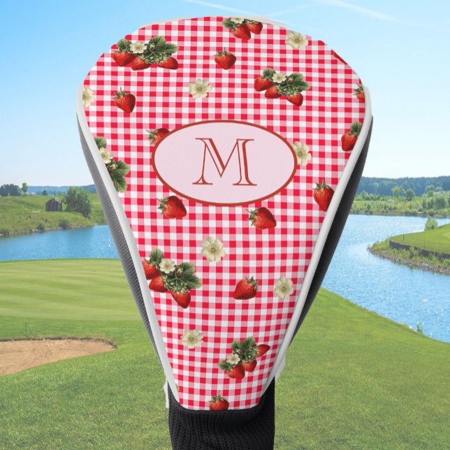 Fun Red Gingham Strawberries Custom Monogram Golf Head Cover (Creator Uploaded)