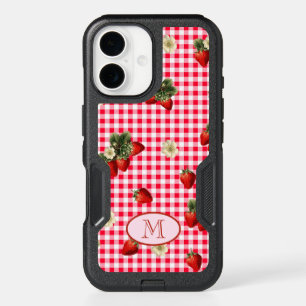 Fun Red Gingham Strawberries Custom Monogram iPhone 16 Case