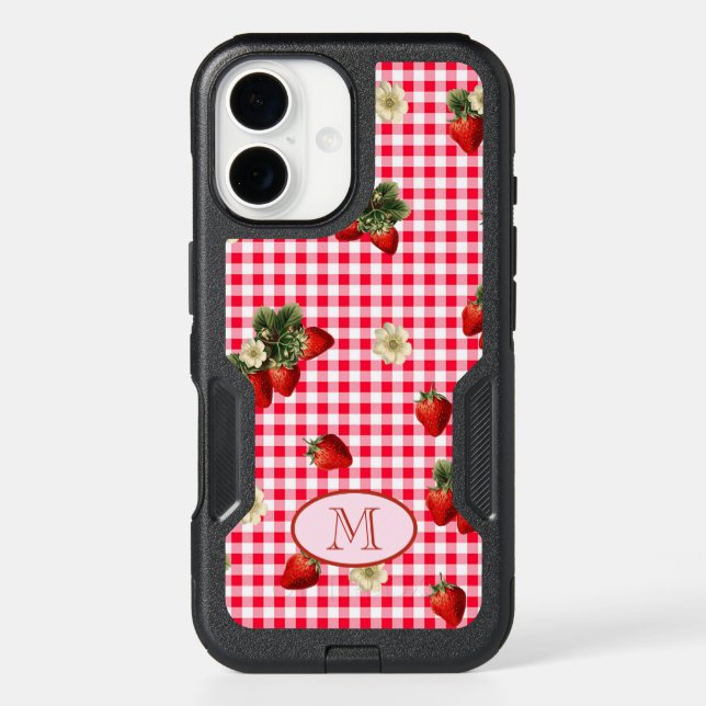 Fun Red Gingham Strawberries Custom Monogram Otterbox iPhone Case (Back)