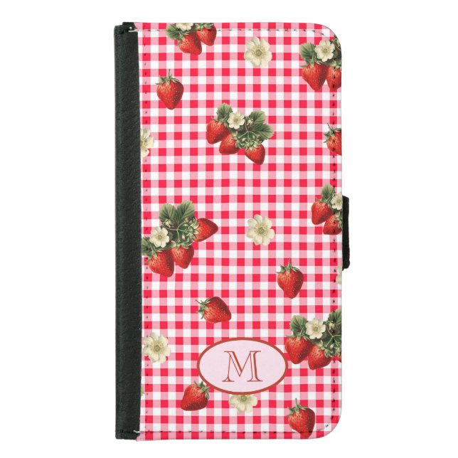 Fun Red Gingham Strawberries Custom Monogram Samsung Galaxy Wallet Case (Front)