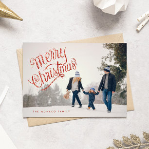 Fun Red Glitter Merry Christmas Photo Holiday Card