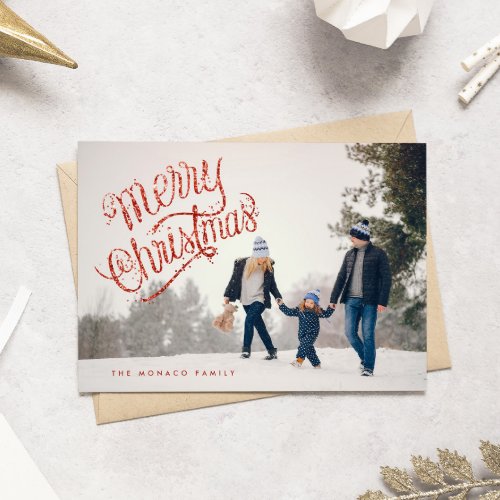 Fun Red Glitter Merry Christmas Photo Holiday Card