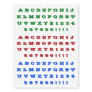 Fun Red, Green, Blue Bold Alphabet Characters Temporary Tattoos