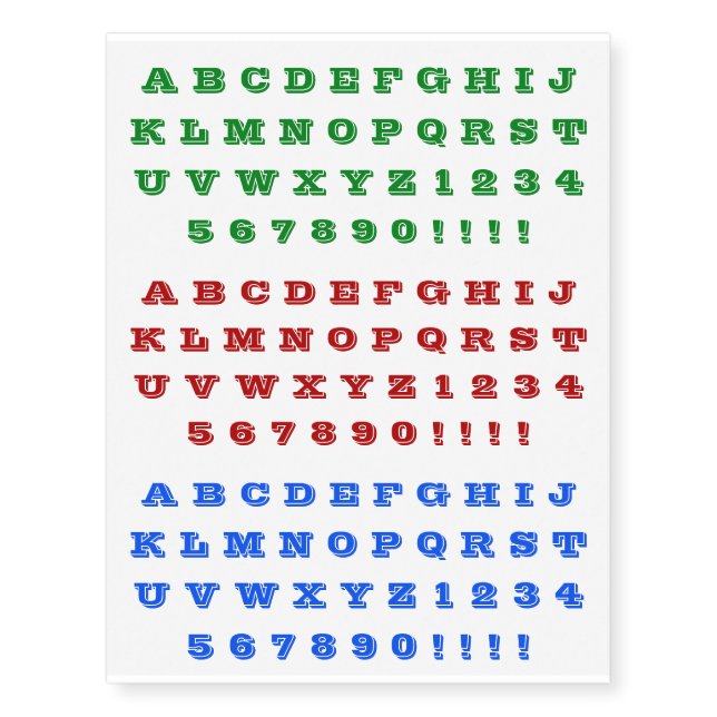 Fun Red, Green, Blue Bold Alphabet Characters Temporary Tattoos (Front)