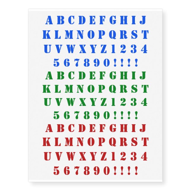 Fun Red, Green, Blue Stencil Alphabet Characters Temporary Tattoos (Front)