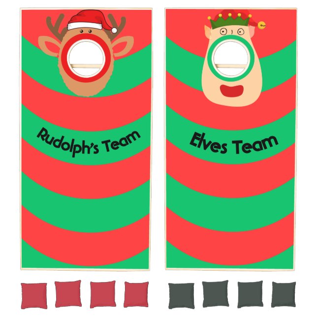 Fun Red & Green Rudolf & Elf Christmas  Cornhole Set (Set)