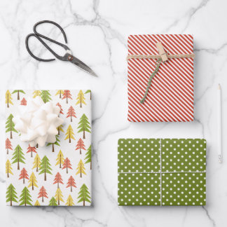 Fun Red Green Yellow Abstract Pine Tree Pattern Wrapping Paper Sheets