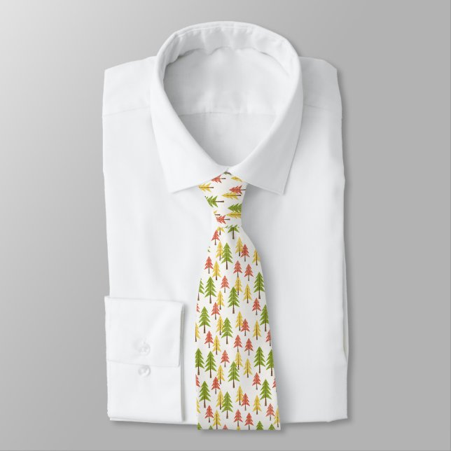 Fun Red Green Yellow Abstract Pine Trees Pattern Neck Tie (Tied)