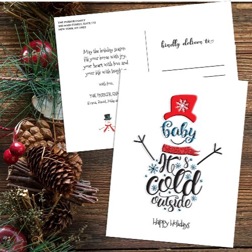 Fun Red Hat Snowman Baby It Cold Outside Whimsical Holiday Postcard