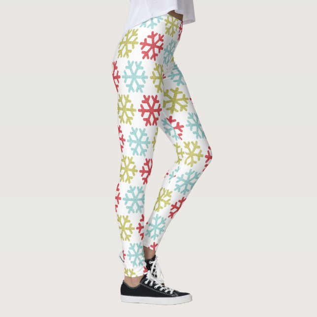 Fun Red Lime Green Aqua Blue Snowflakes Pattern Leggings (Right)