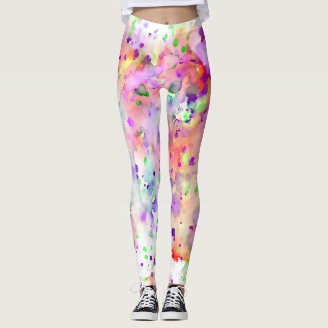 Fun Red, Orange, Purple & Green Paint Splatter Leggings (Front)
