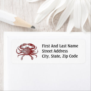 Fun Red Pencil Sketch Crab with Coastal Party Vibe Label