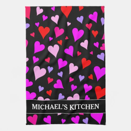 Fun Red Pink Purple  Magenta Hearts Pattern Kitchen Towel
