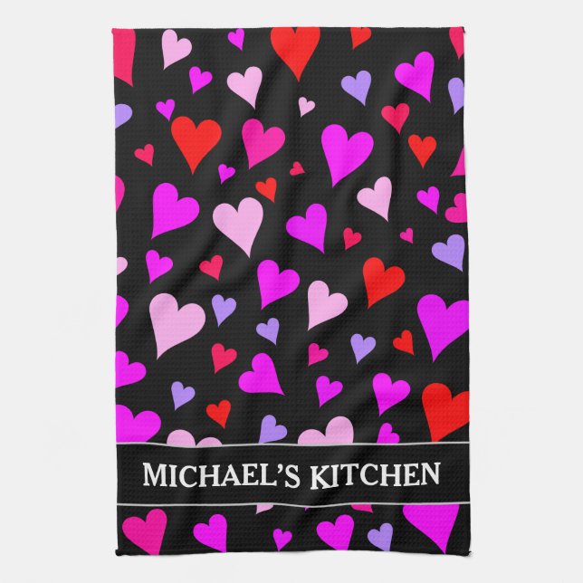 Fun Red, Pink, Purple & Magenta Hearts Pattern Kitchen Towel (Vertical)