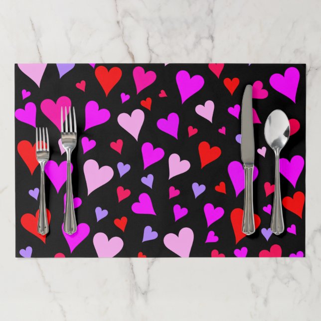 Fun Red, Pink, Purple & Magenta Hearts Pattern Paper Placemat (In Situ)