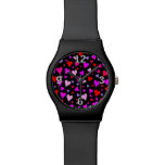 [ Thumbnail: Fun Red, Pink, Purple & Magenta Hearts Pattern Wrist Watch ]