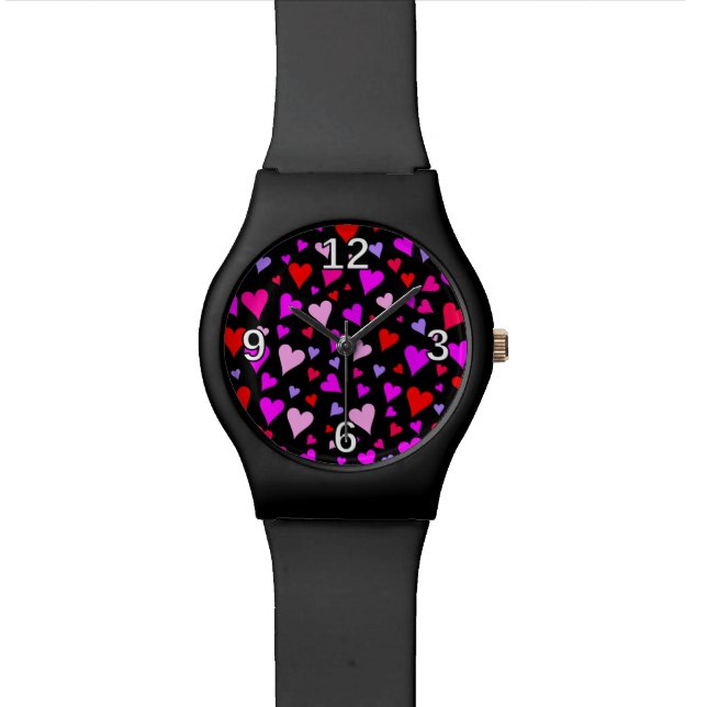 Fun Red, Pink, Purple & Magenta Hearts Pattern Wrist Watch (Close Up)
