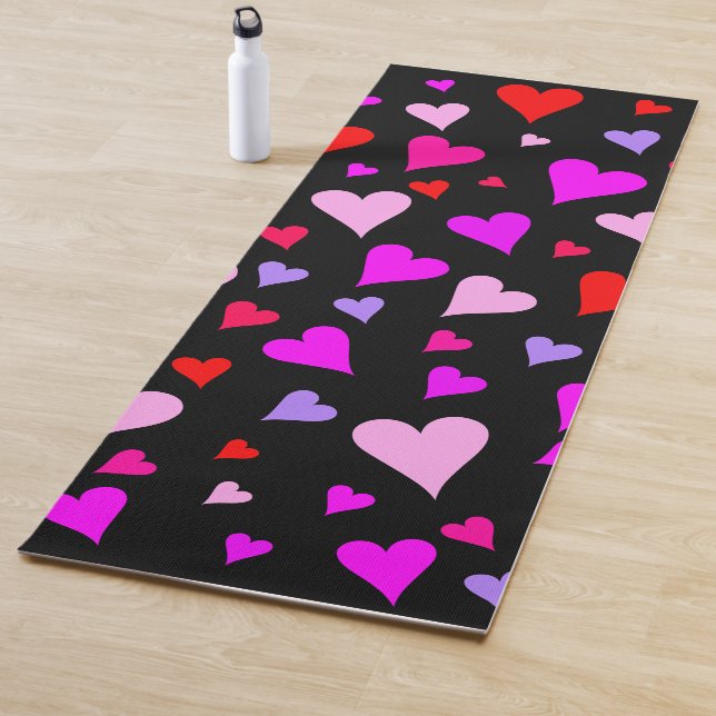 Fun Red, Pink, Purple & Magenta Hearts Pattern Yoga Mat (In Situ)