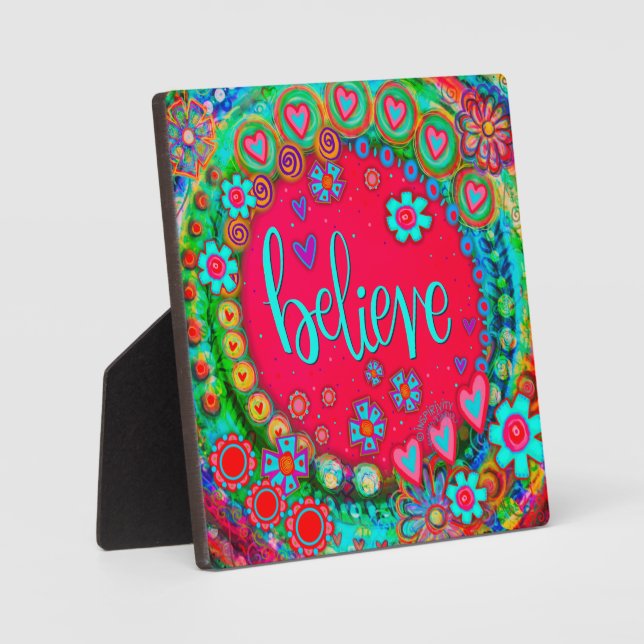 Fun Red Pretty Whimsical Believe Inspirivity Easel Plaque (Front)