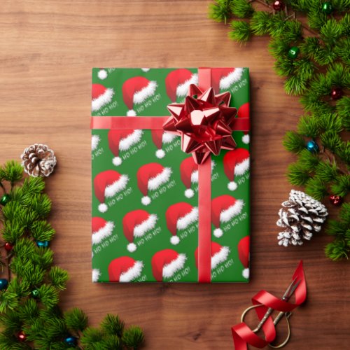 Fun Red Santa Claus Hat HOHOHO On Green Wrapping Paper