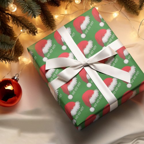 Fun Red Santa Claus Hat HOHOHO On Green Wrapping Paper