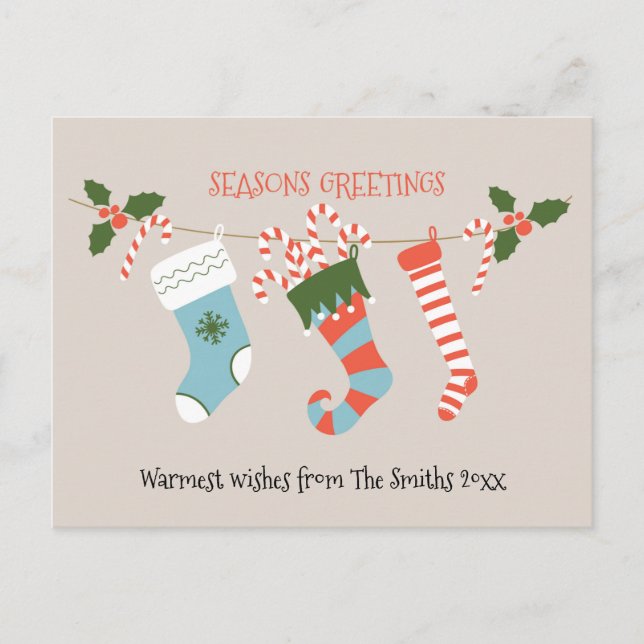 Fun Red Script Green Stockings Candy Cane Floral Postcard (Front)