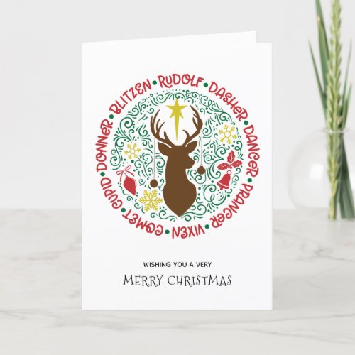 Fun Red Script Santa Reindeer Name Christmas Holiday Card