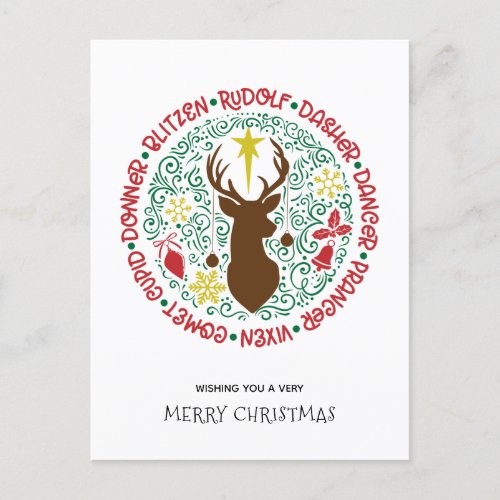 Fun Red Script Santa Reindeer Name Christmas Holiday Postcard