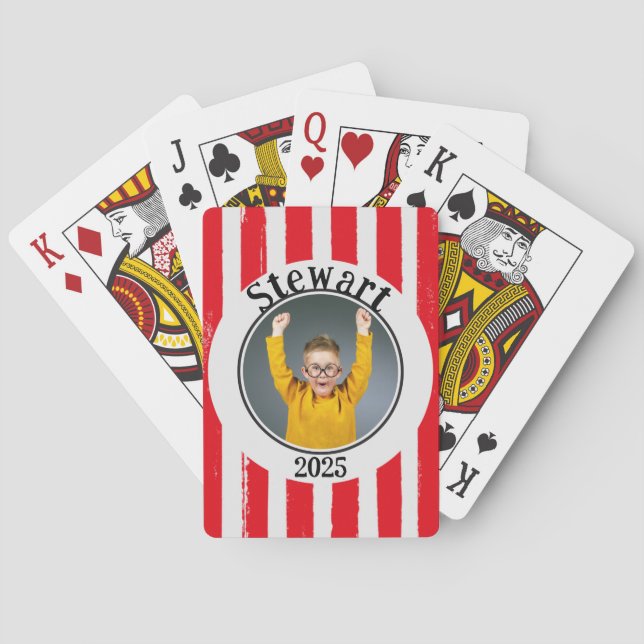 Fun Red Striped Family Photo Name Year  Poker Cards (Back)