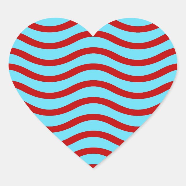 Fun Red Teal Turquoise Wavy Lines Stripes Pattern Heart Sticker (Front)