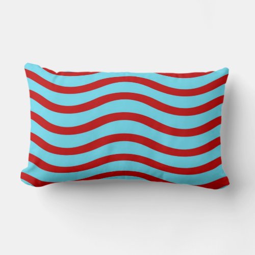 Fun Red Teal Turquoise Wavy Lines Stripes Pattern Lumbar Pillow