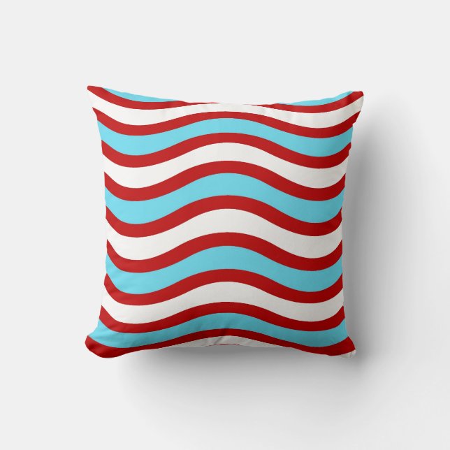 Fun Red Teal Turquoise White Wavy Lines Stripes Throw Pillow (Front)