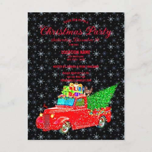 Fun Red Truck Snow Tree Lights Xmas Invitation Postcard