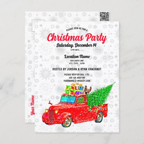 Fun Red Truck White Snow Tree Lights Party Xmas Postcard