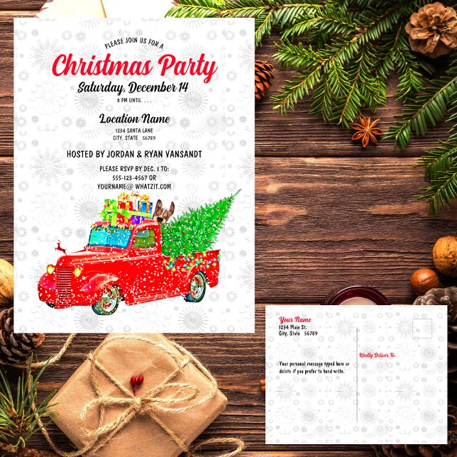 Fun Red Truck White Snow Tree Lights Party Xmas Postcard (Creator Uploaded)