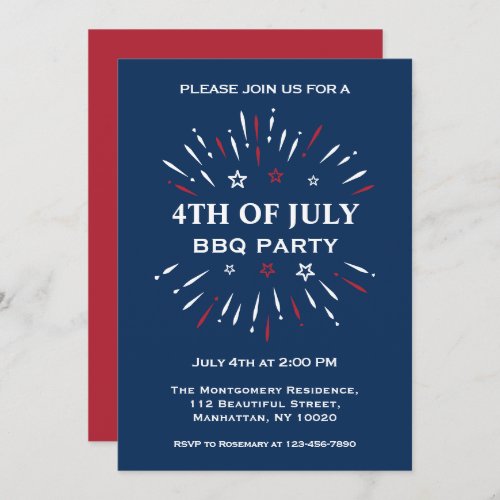 Fun Red White Blue 4th Of July BBQ Party Fireworks Invitation