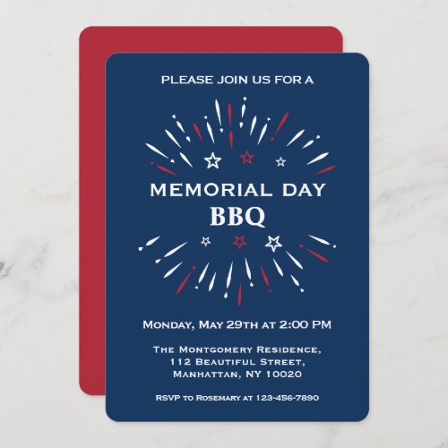 Fun Red White Blue Memorial Day BBQ Fireworks Invitation