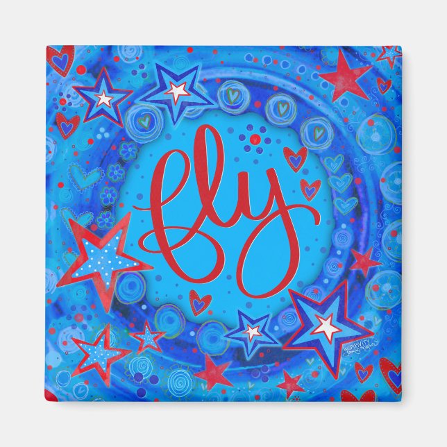 Fun Red White Blue Stars Inspiring Fly Magnet (Front)