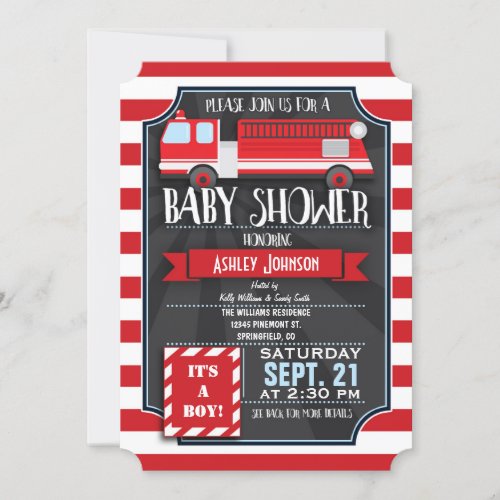 Fun Red  White Fire Truck Boy Baby Shower Invitation