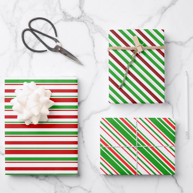 Fun Red, White, Green Christmas-Inspired Lines Wrapping Paper Sheets (Front)