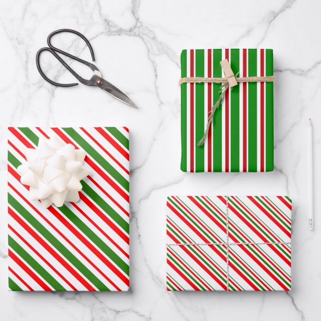 Fun Red, White, Green Christmas-Inspired Patterns Wrapping Paper Sheets (Front)
